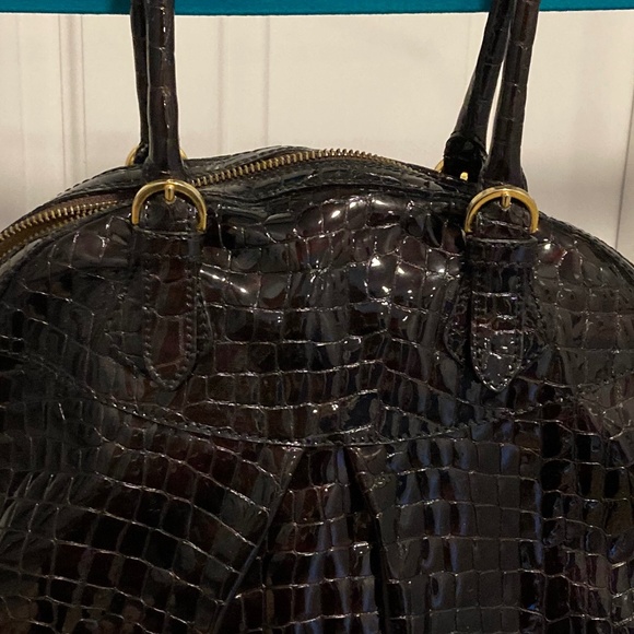 Italian embossed leather handbag.  NEVER USED.  Chocolate brown. - Picture 2 of 8